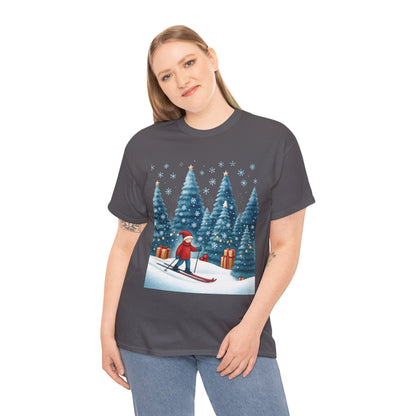 Womens Cute Winter Holiday Graphic Tee, Christmas Skiing T-Shirt, Women's Heavy Cotton Tee
