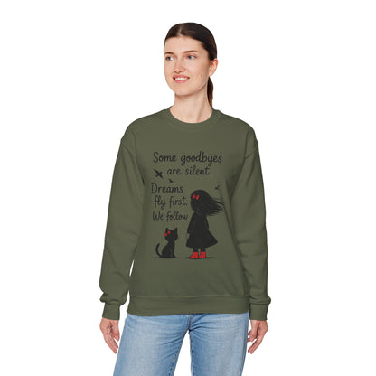 Cozy Farewell Girl & Cat Pullover, Hand Drawn Red Dress Art, Minimalist Womens Crewneck