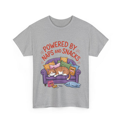 Powered by Naps and Snacks Cat T-Shirt, Funny Lazy Cat Lover Womens Tee, Cute Humor Shirt, Cozy Gift for Her, Cozy Cat Lover T-Shirt