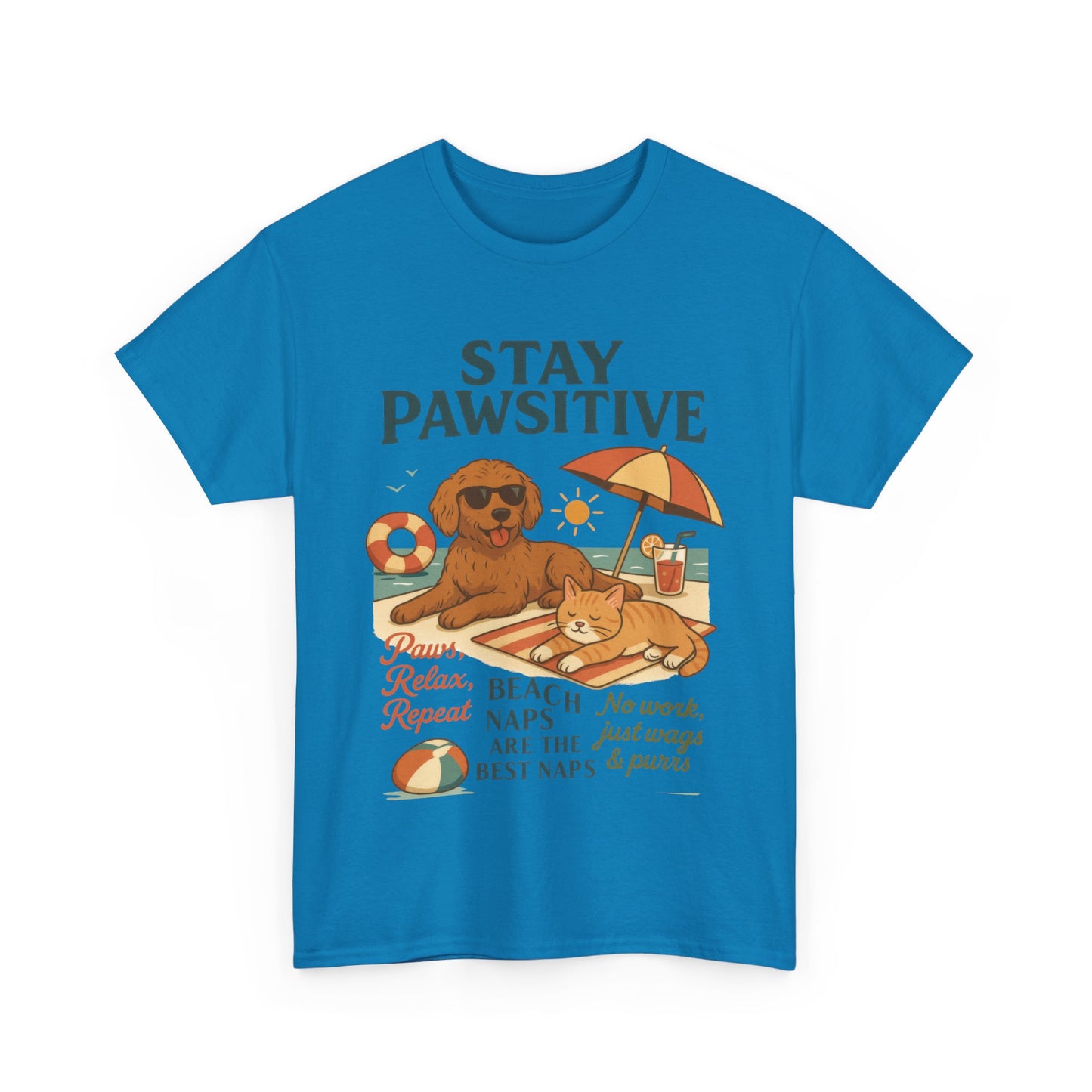 Stay Pawsitive Womens T-Shirt, Cute Dog & Cat Beach Shirt, Summer Pet Lover Tee, Animal Graphic Heavy Cotton Tee, Fun Pet Lovers Gift