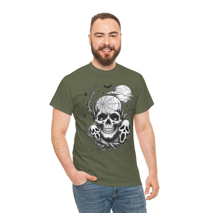 Men's Gothic Skull T-Shirt, Halloween Graphic Tee, Spider Web & Moon Horror Shirt, Spooky Skull Graphic Top for Him