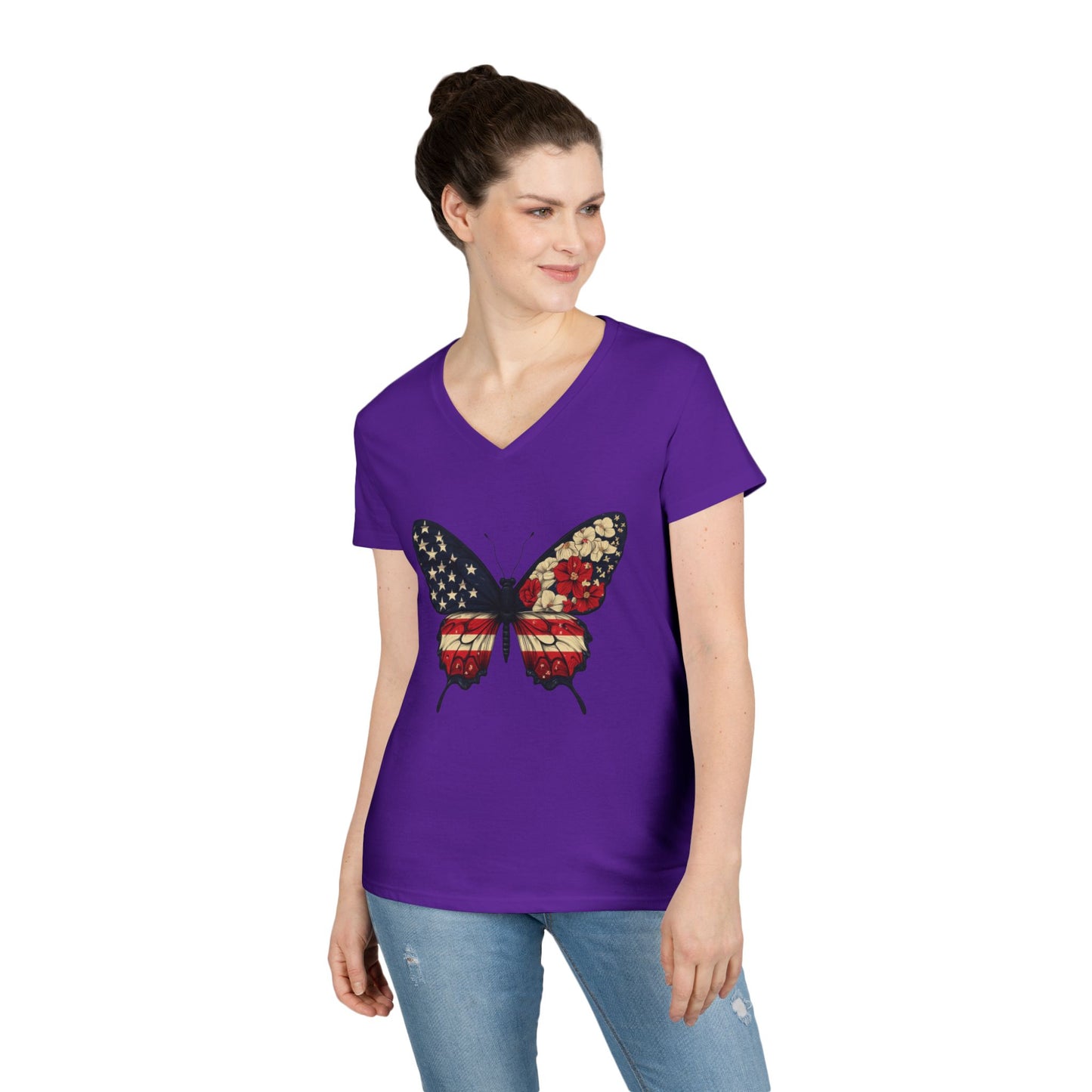 Patriotic Butterfly V-Neck T-Shirt, Summer Style, Gifts for Her, Independence Day, Casual Wear, Nature Lovers