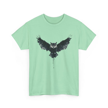 Cool Owl Graphic Unisex Heavy Cotton Tee, Flying Owl Ink Art T-Shirt, Nature Lover Gift, Animal Print Tee, Gothic Bird Graphic Tee