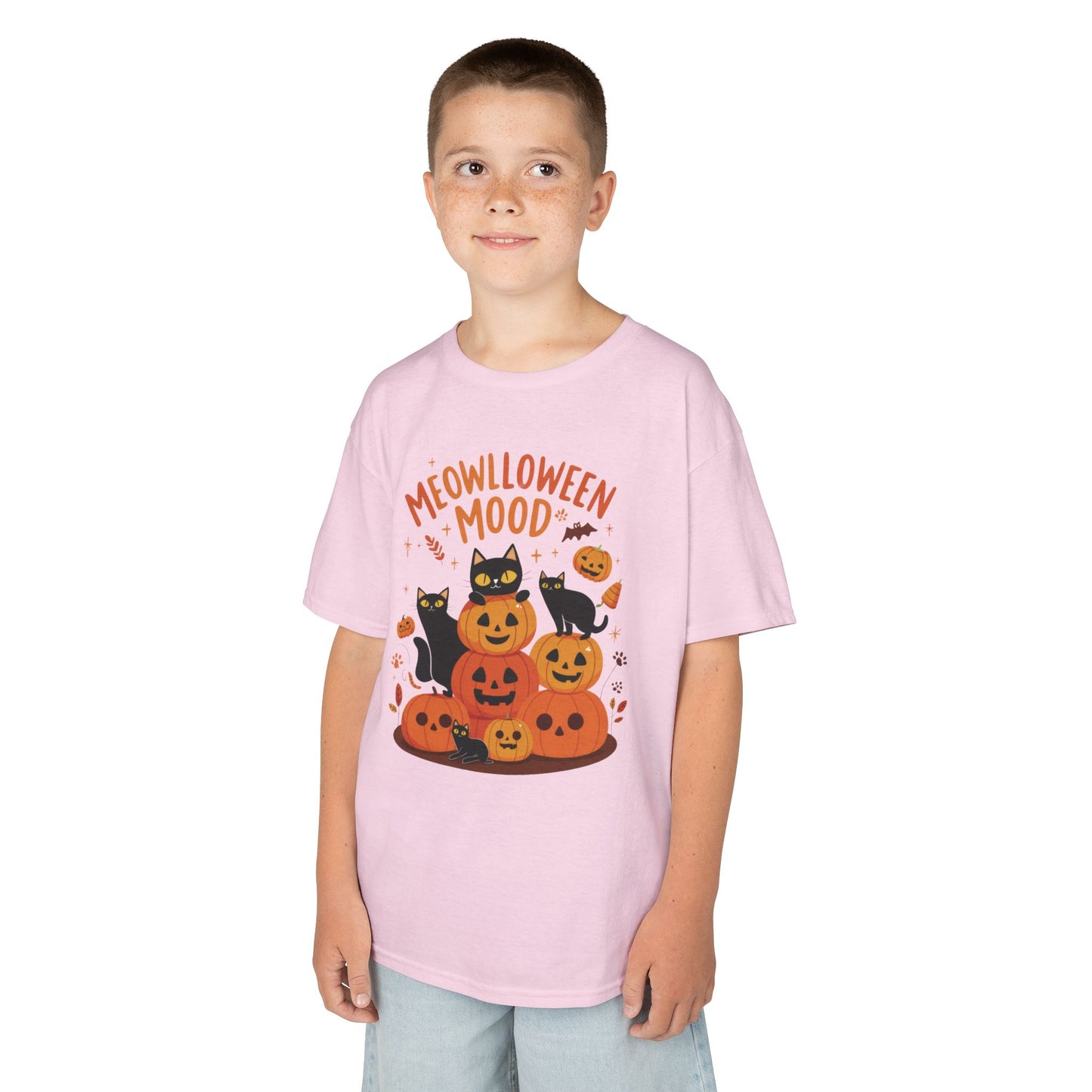 Meowlloween Mood Kids Shirt, Cute Black Cat Halloween T-Shirt for Girls and Boys, Funny Pumpkin Cat Tee, Cozy Fall Cat Lover Gift
