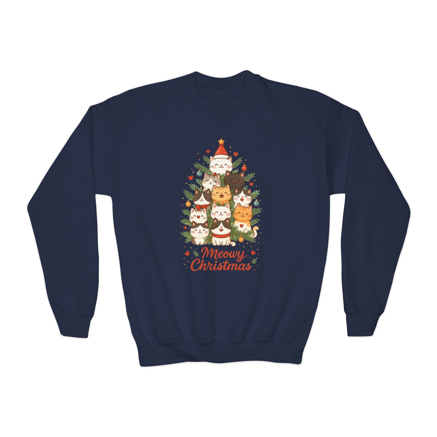 Youth Meowy Christmas Cat Sweatshirt, Cute Holiday Kitty Jumper