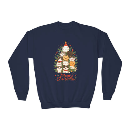 Youth Meowy Christmas Cat Sweatshirt, Cute Holiday Kitty Jumper