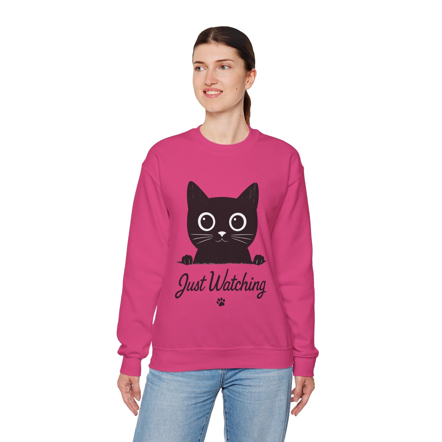 Funny Black Cat Womens Crewneck Sweatshirt - Just Watching Minimalist Kitty Pullover - Cozy Cat Lover Gift, Pet Owner Apparel