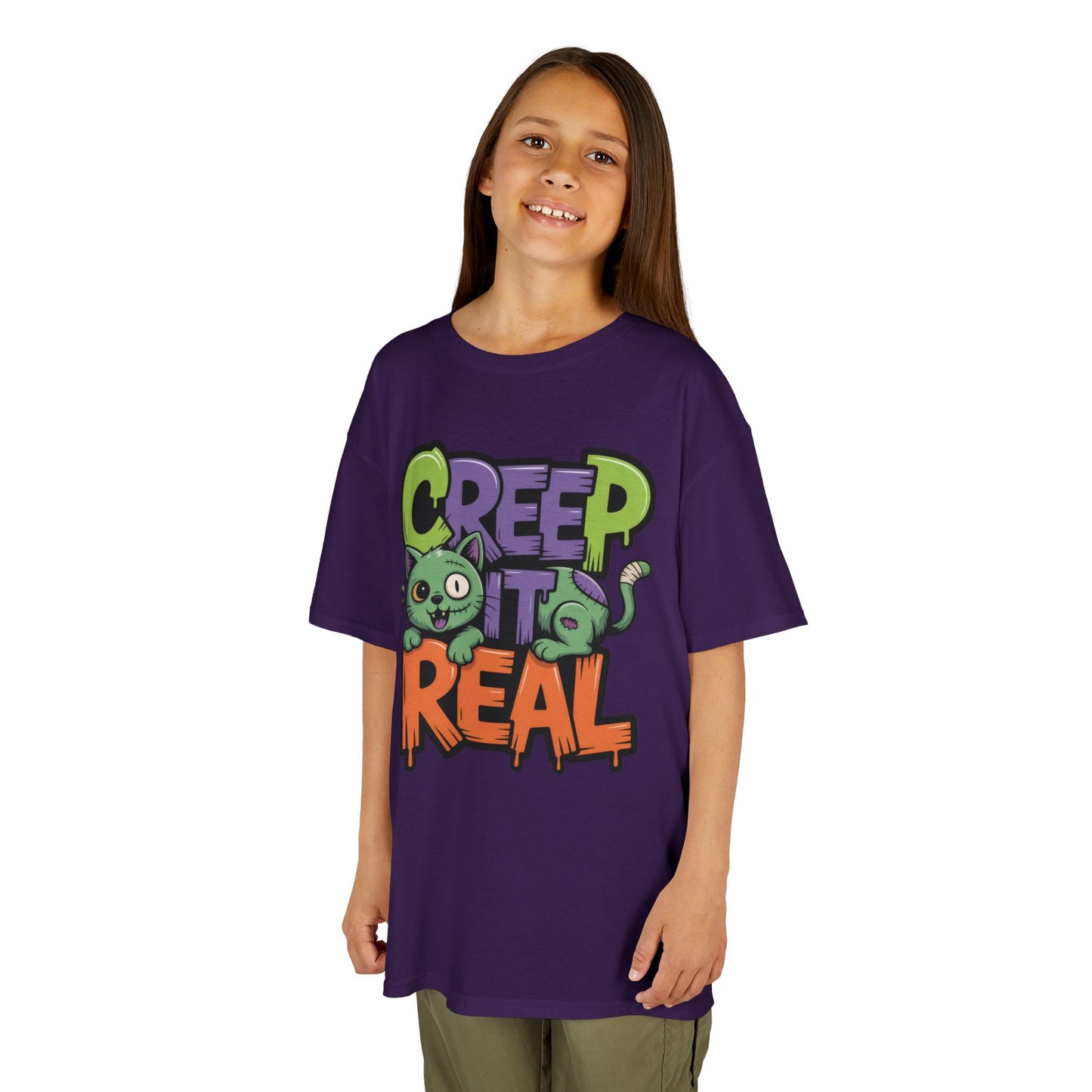 Creep It Real Kids Halloween Shirt, Cute Zombie Cat Graffiti Style T-Shirt for Boys & Girls
