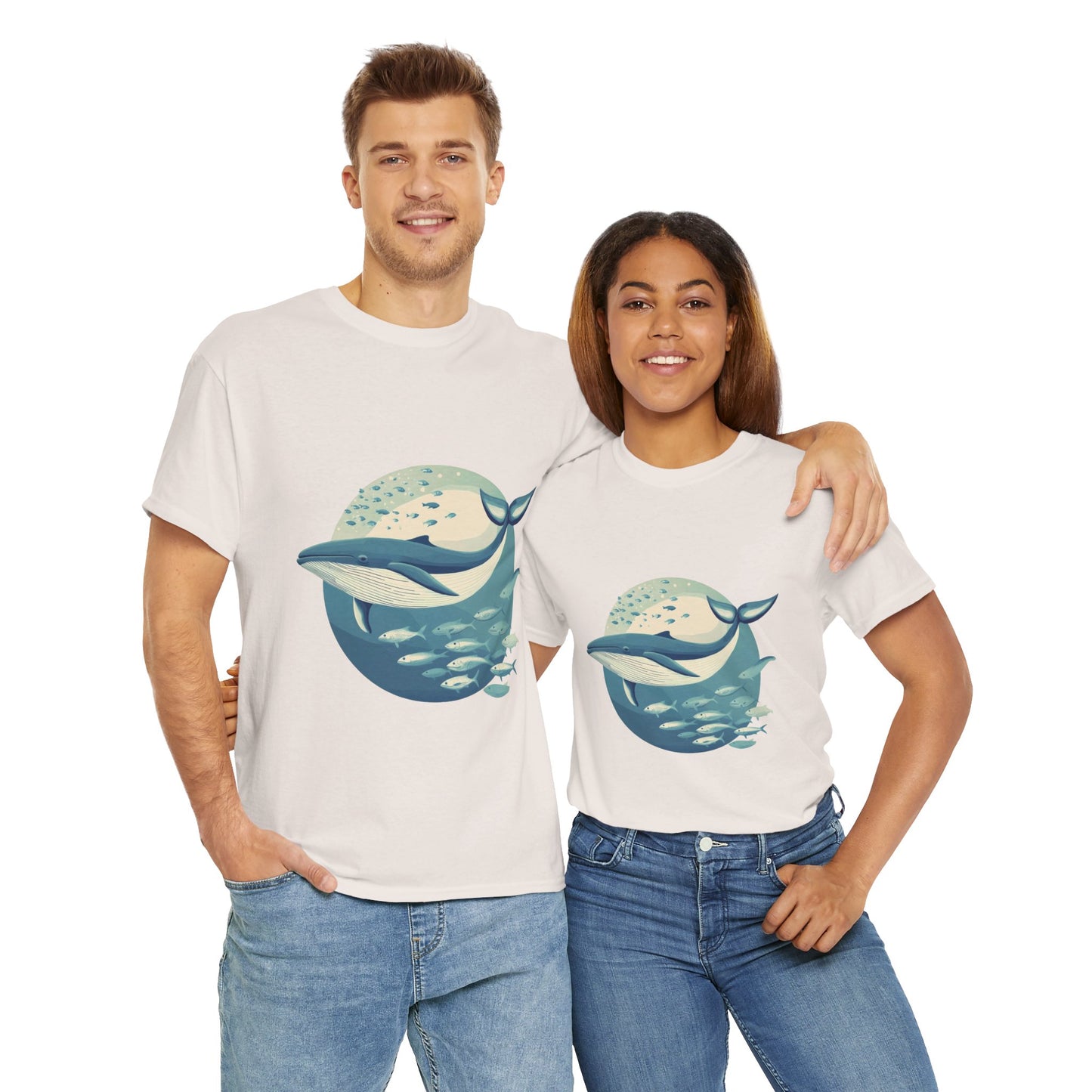 Whale and Fish Unisex Heavy Cotton Tee, Ocean Lover Shirt, Nature Tee, Sea Creature Gift, Casual Summer Top, Ocean Whale Graphic Tee