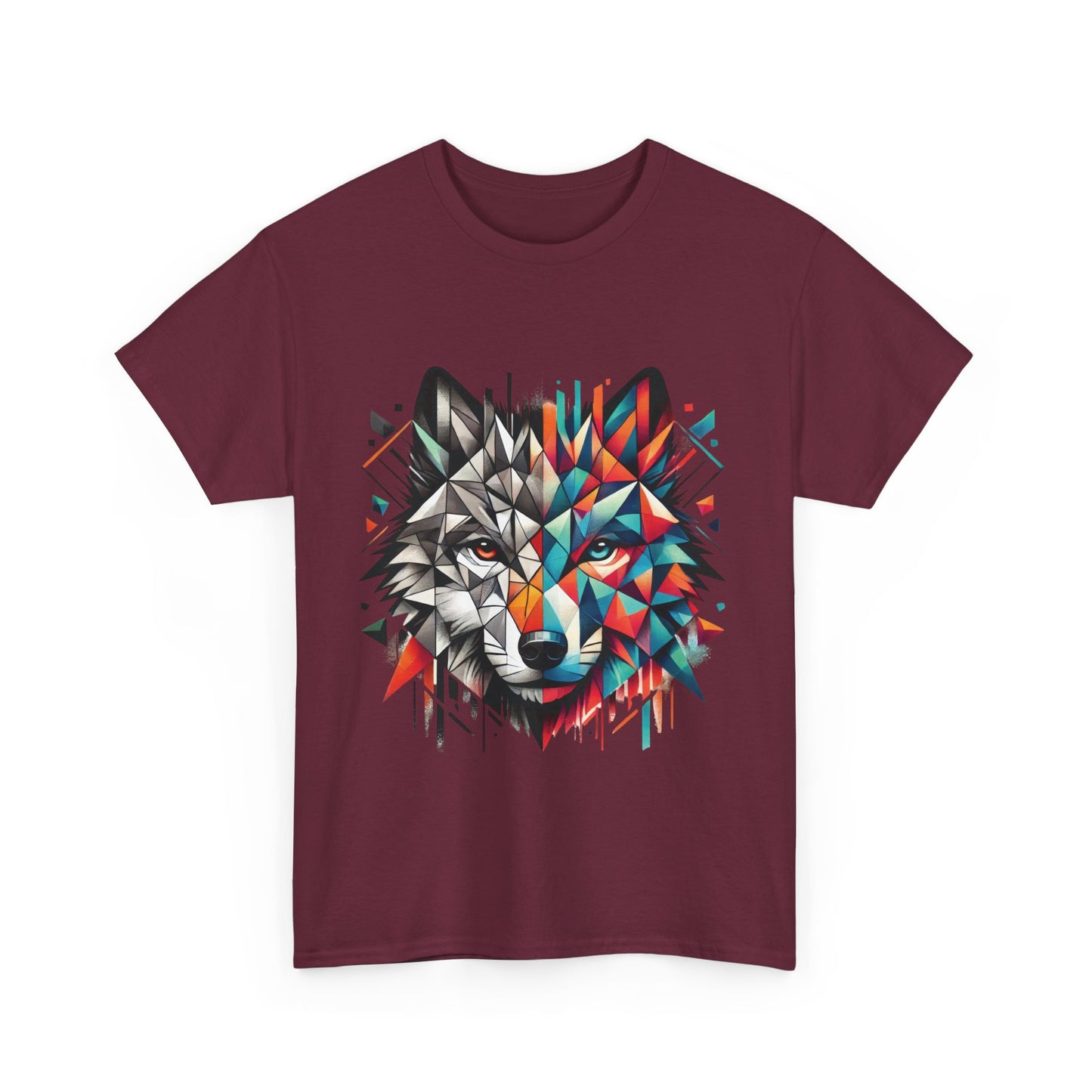 Geometric Wolf Tee, Heavy Cotton T-Shirt, Wildlife Lover Apparel, Unique Nature Wear, Artistic Wolf Design Tee
