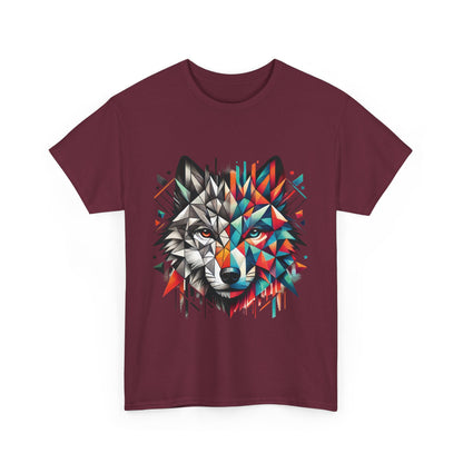 Geometric Wolf Tee, Heavy Cotton T-Shirt, Wildlife Lover Apparel, Unique Nature Wear, Artistic Wolf Design Tee