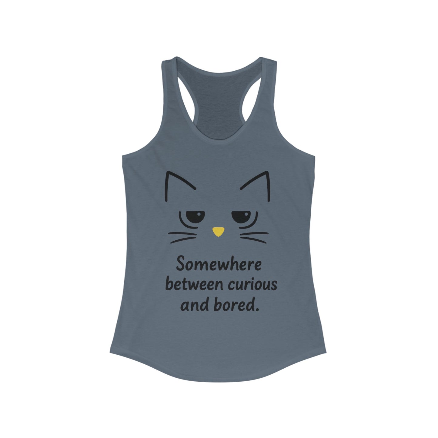 Curious & Bored Cat Tank Top, Women's Racerback Tee, Cute Cat Lover Gift, Fun Workout Top, Summer Casual Wear, Relaxed Fit Shirt