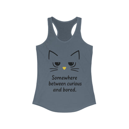 Curious & Bored Cat Tank Top, Women's Racerback Tee, Cute Cat Lover Gift, Fun Workout Top, Summer Casual Wear, Relaxed Fit Shirt