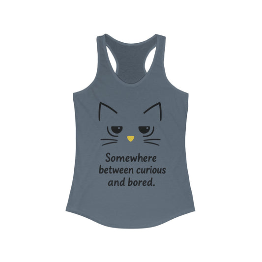 Curious & Bored Cat Tank Top, Women's Racerback Tee, Cute Cat Lover Gift, Fun Workout Top, Summer Casual Wear, Relaxed Fit Shirt