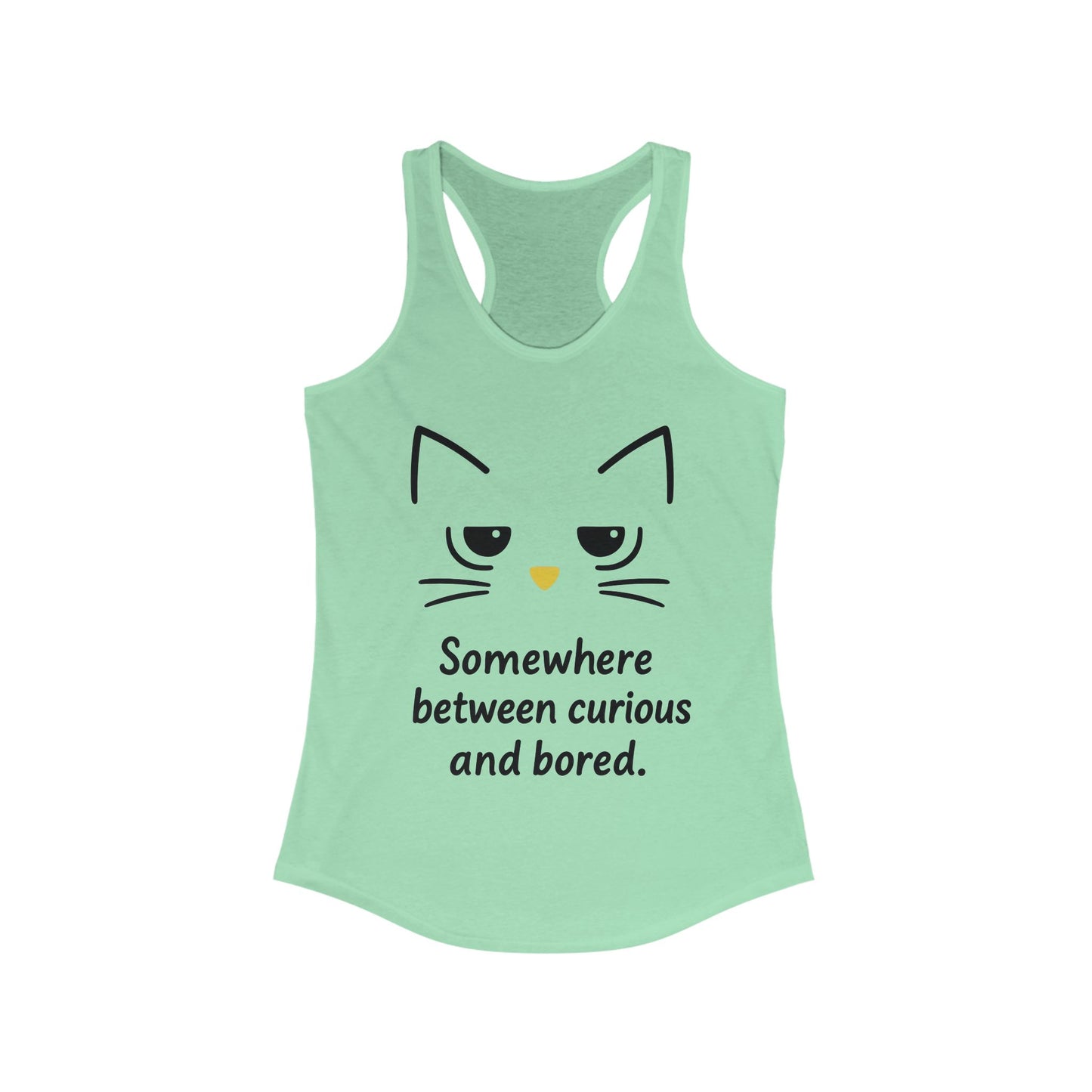 Curious & Bored Cat Tank Top, Women's Racerback Tee, Cute Cat Lover Gift, Fun Workout Top, Summer Casual Wear, Relaxed Fit Shirt