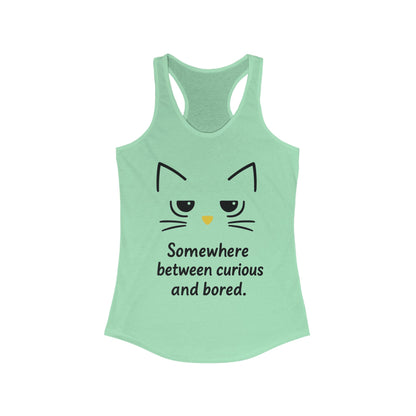 Curious & Bored Cat Tank Top, Women's Racerback Tee, Cute Cat Lover Gift, Fun Workout Top, Summer Casual Wear, Relaxed Fit Shirt