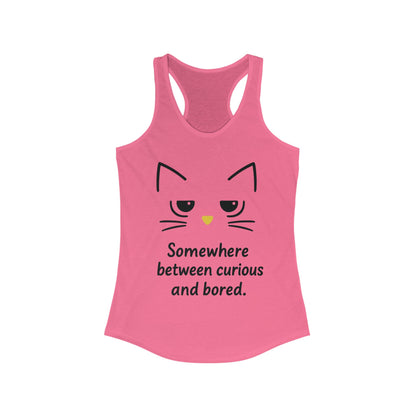 Curious & Bored Cat Tank Top, Women's Racerback Tee, Cute Cat Lover Gift, Fun Workout Top, Summer Casual Wear, Relaxed Fit Shirt