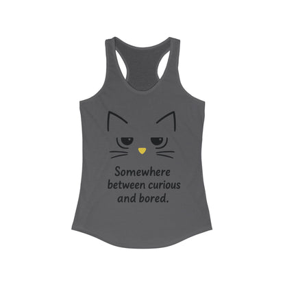 Curious & Bored Cat Tank Top, Women's Racerback Tee, Cute Cat Lover Gift, Fun Workout Top, Summer Casual Wear, Relaxed Fit Shirt