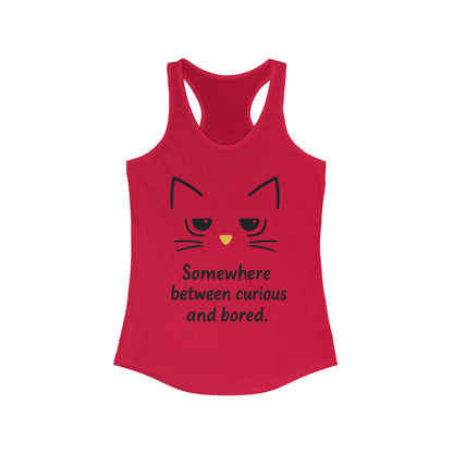 Curious & Bored Cat Tank Top, Women's Racerback Tee, Cute Cat Lover Gift, Fun Workout Top, Summer Casual Wear, Relaxed Fit Shirt