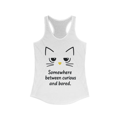 Curious & Bored Cat Tank Top, Women's Racerback Tee, Cute Cat Lover Gift, Fun Workout Top, Summer Casual Wear, Relaxed Fit Shirt