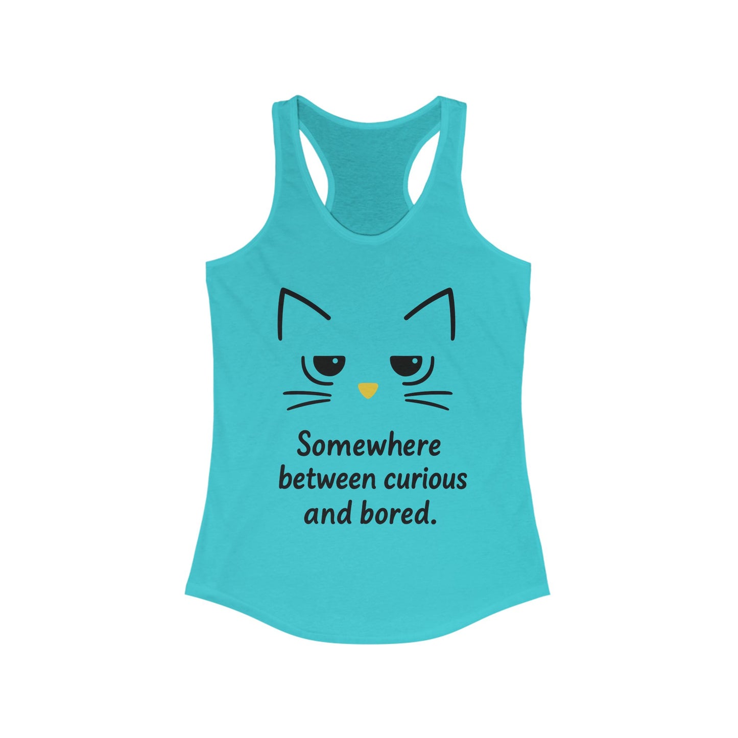 Curious & Bored Cat Tank Top, Women's Racerback Tee, Cute Cat Lover Gift, Fun Workout Top, Summer Casual Wear, Relaxed Fit Shirt