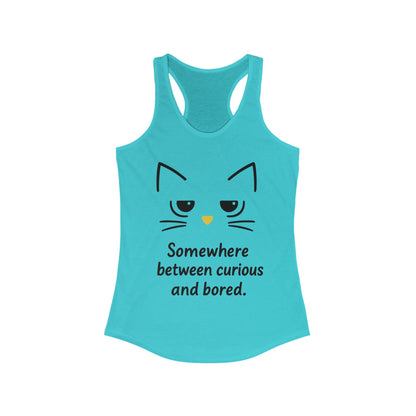 Curious & Bored Cat Tank Top, Women's Racerback Tee, Cute Cat Lover Gift, Fun Workout Top, Summer Casual Wear, Relaxed Fit Shirt