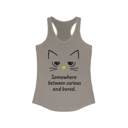 Curious & Bored Cat Tank Top, Women's Racerback Tee, Cute Cat Lover Gift, Fun Workout Top, Summer Casual Wear, Relaxed Fit Shirt