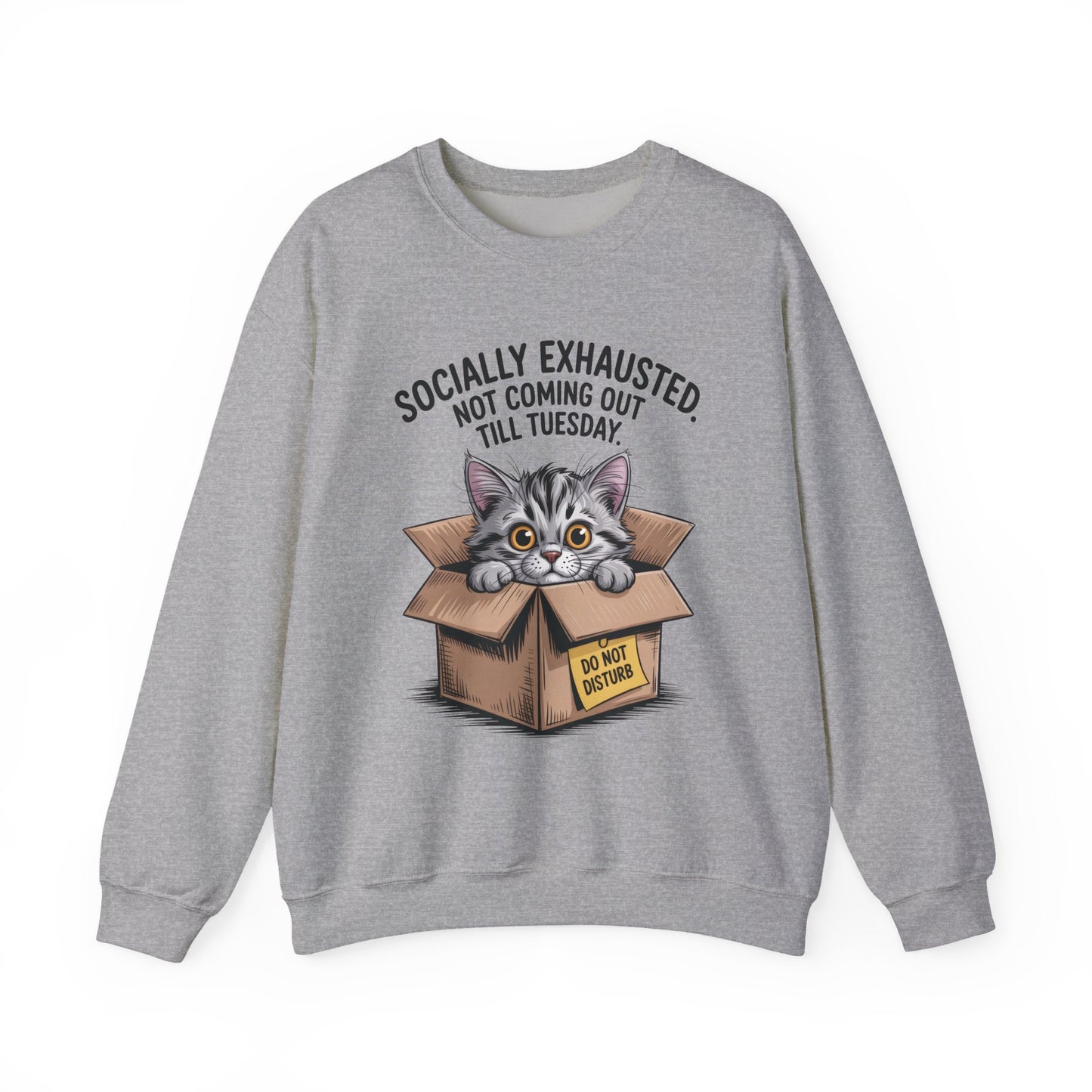 Socially Exhausted Cat Sweatshirt, Funny Cat Crewneck, Gift for Cat Lovers, Cozy Unisex Pullover, Weekend Comfort Apparel