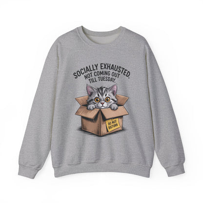 Socially Exhausted Cat Sweatshirt, Funny Cat Crewneck, Gift for Cat Lovers, Cozy Unisex Pullover, Weekend Comfort Apparel