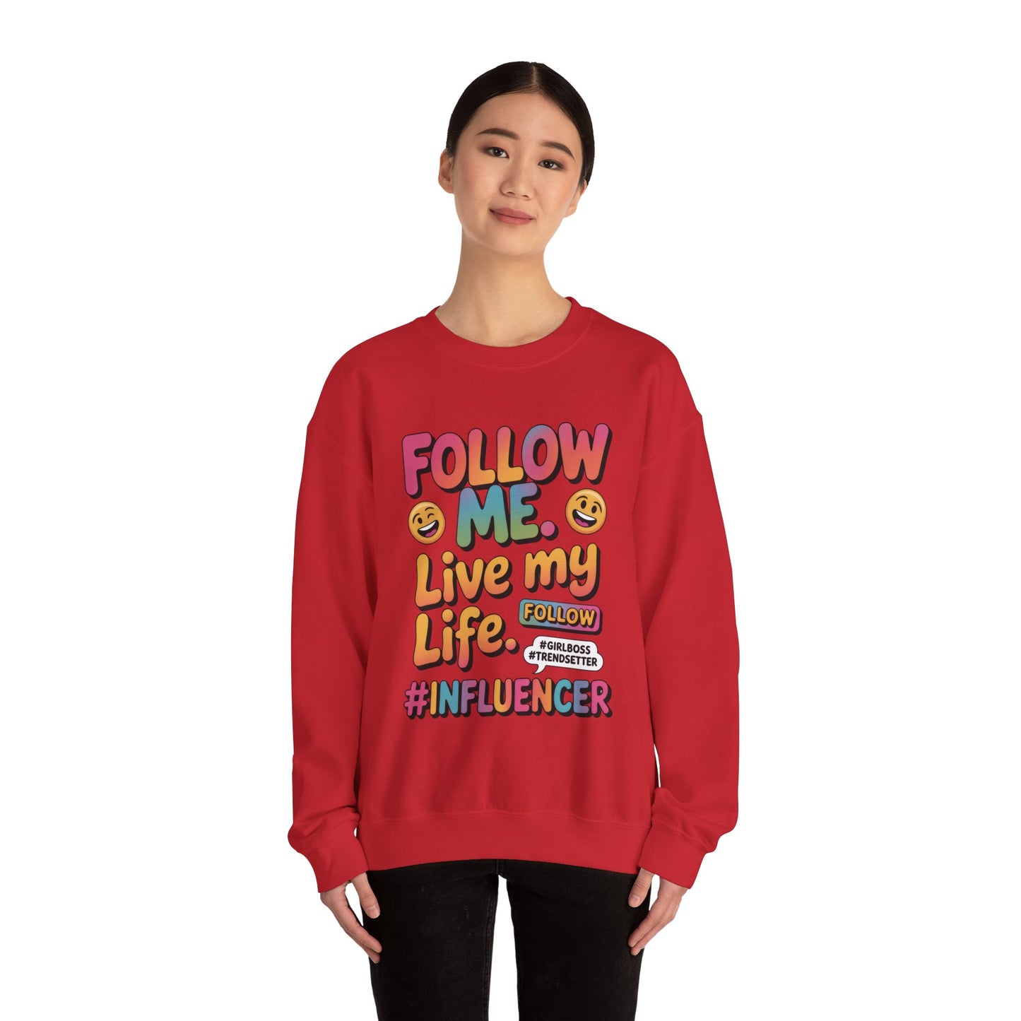 Womens Heavy Blend™ Crewneck Sweatshirt, Influencer Sweatshirt, Colorful Follow Me Live My Life Graphic Sweatshirt, Trendy GirlBoss Outfit