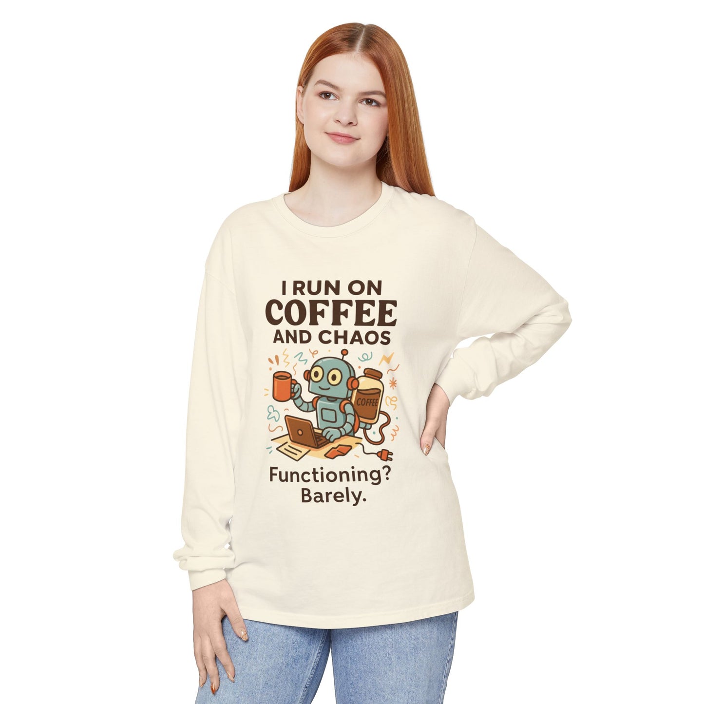 Coffee Chaos Long Sleeve Tee, Funny T-Shirt, Quirky Gift for Coffee Lovers, Unisex Top for Busy Lives, Work from Home Humor Tee