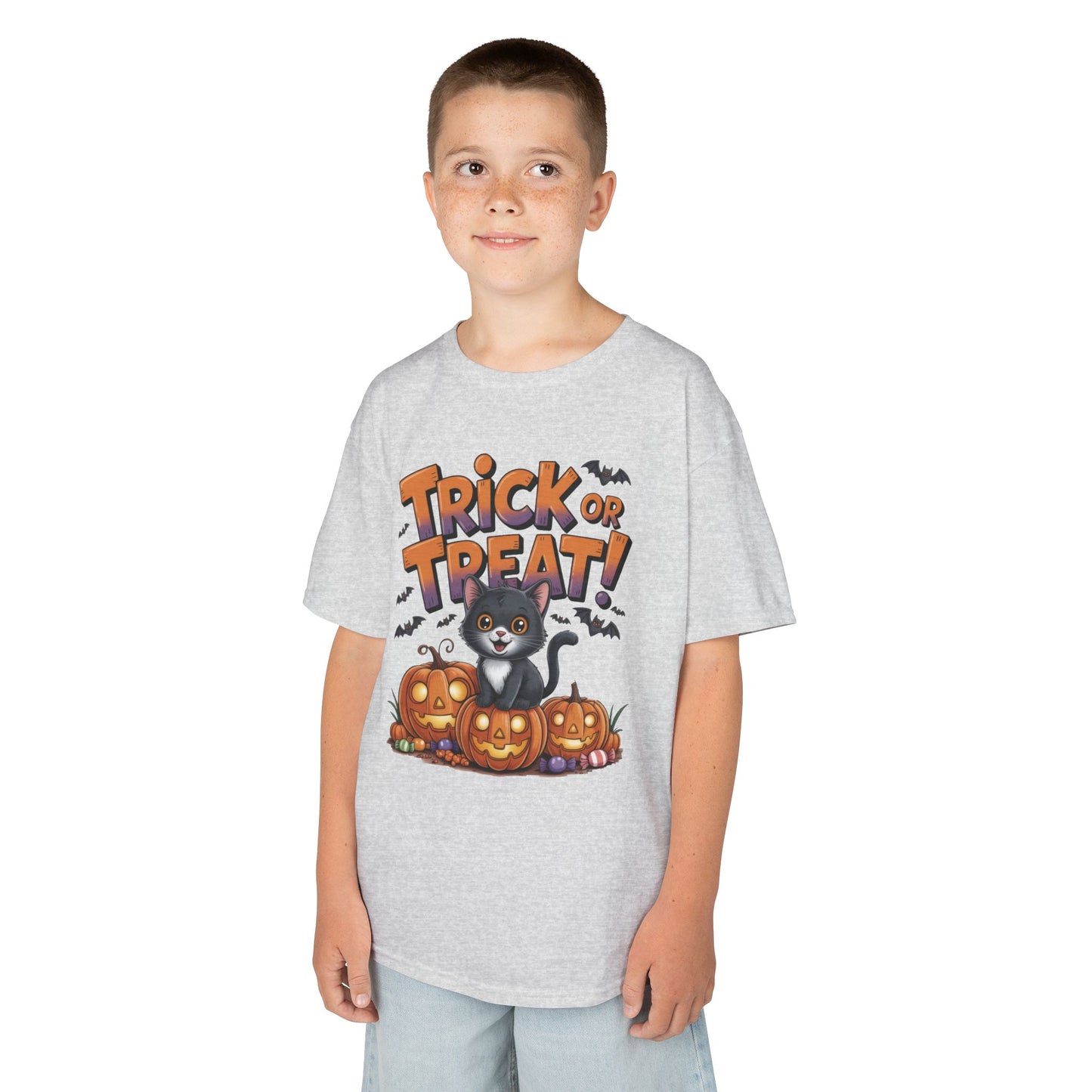 Girls Cute Black Cat Trick or Treat Halloween T-Shirt, Funny Pumpkin Cat Tee, Spooky Fall Shirt for Kids, Matching Family Halloween Shirts