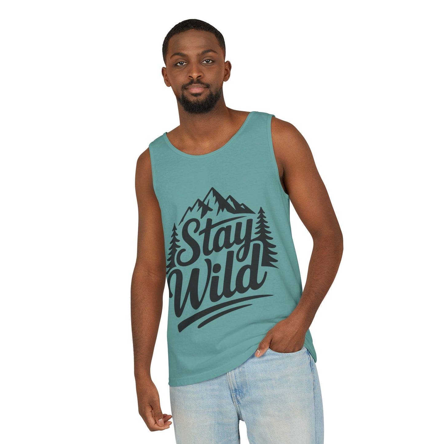 Stay Wild Garment-Dyed Mens Tank Top, Boho Summer Top, Adventure Shirt, Nature Lover Apparel, Gift for Hikers, Outdoor Clothing