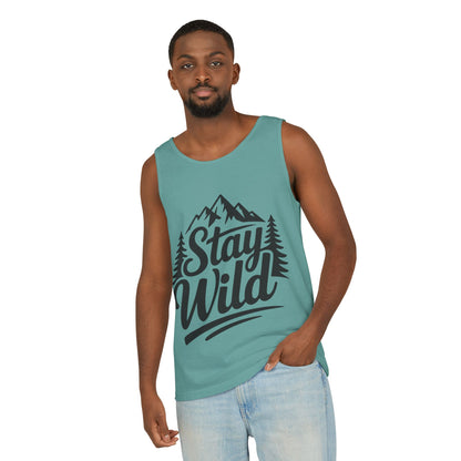 Stay Wild Garment-Dyed Mens Tank Top, Boho Summer Top, Adventure Shirt, Nature Lover Apparel, Gift for Hikers, Outdoor Clothing