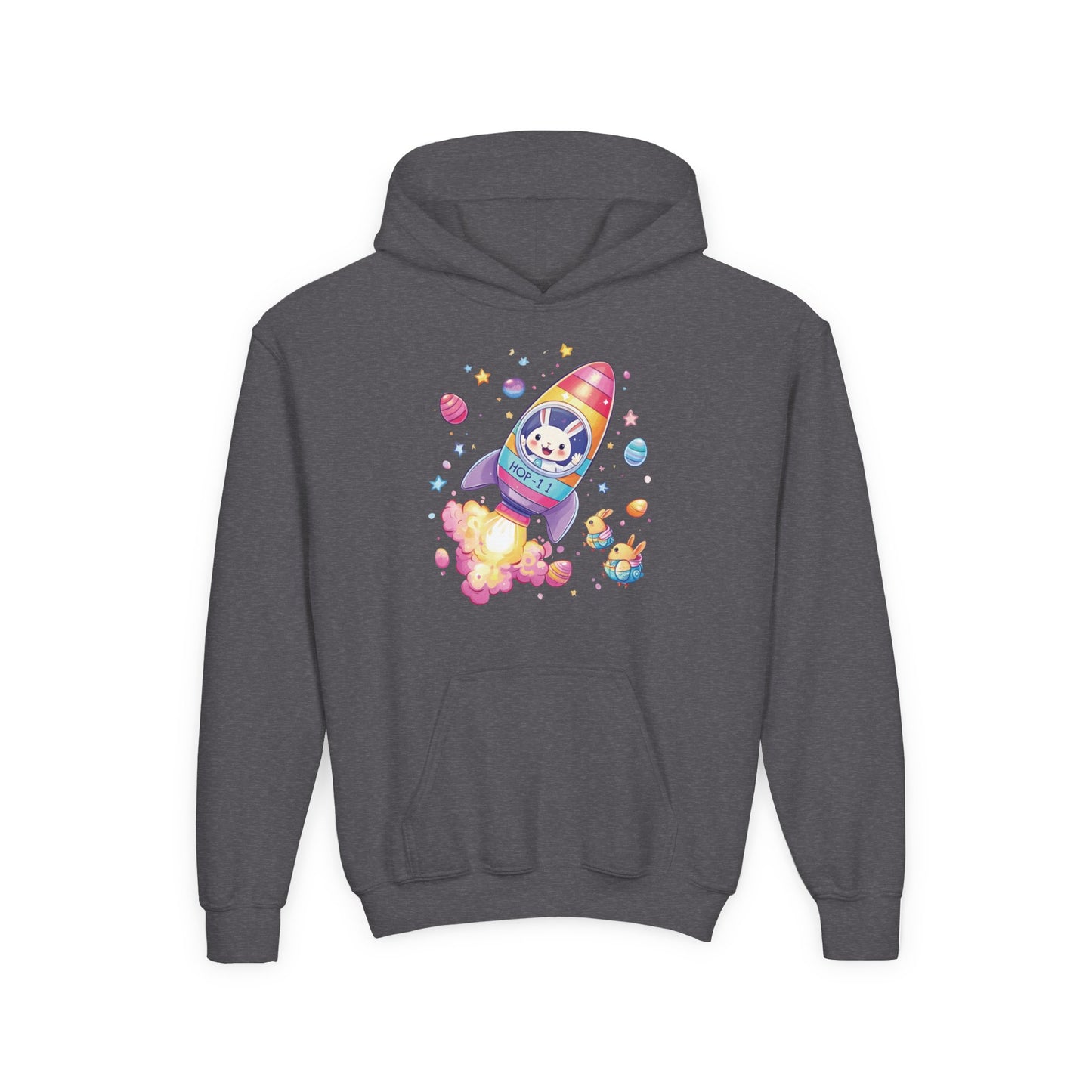 Easter Astronaut Bunny Kids Hoodie - Rocket Bunny Design with Colorful Eggs, Fun Space Adventure Sweatshirt for Spring and Holiday Gifts