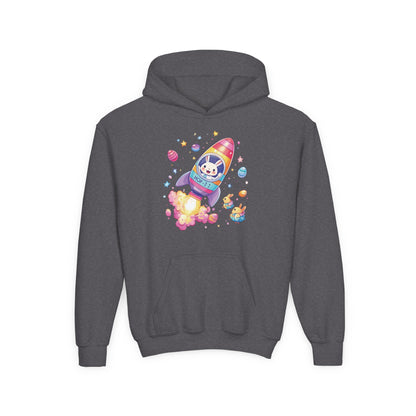 Easter Astronaut Bunny Kids Hoodie - Rocket Bunny Design with Colorful Eggs, Fun Space Adventure Sweatshirt for Spring and Holiday Gifts
