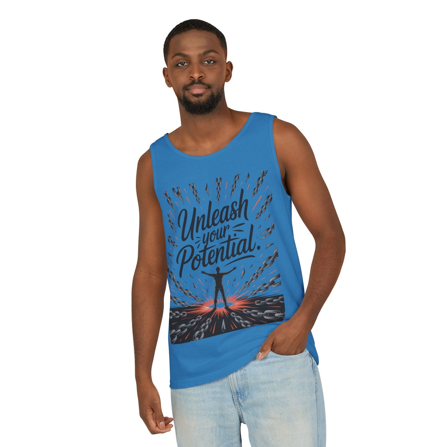 Men's Motivational Tank Top, "Unleash Your Potential" Graphic, Inspirational Gym Wear, Fitness Apparel, Summer Top, Gift for Him