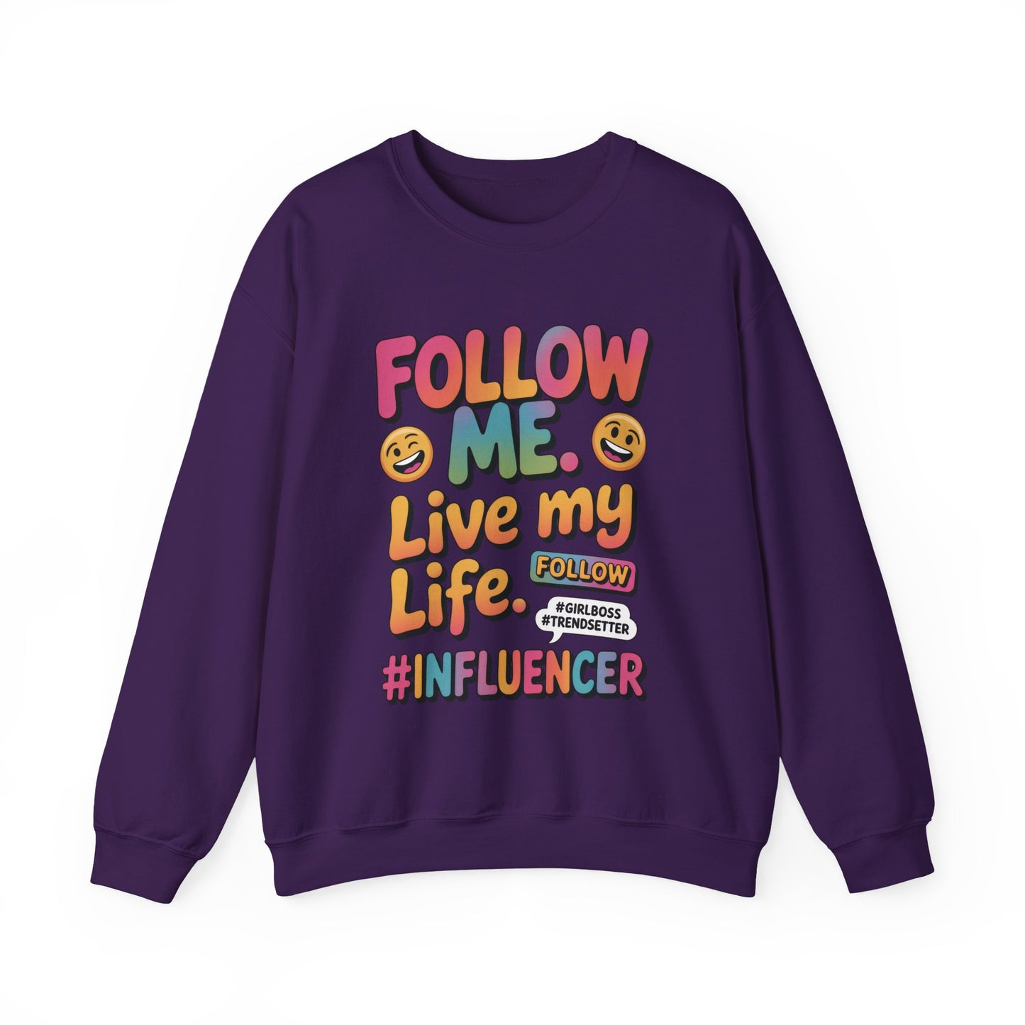 Womens Heavy Blend™ Crewneck Sweatshirt, Influencer Sweatshirt, Colorful Follow Me Live My Life Graphic Sweatshirt, Trendy GirlBoss Outfit