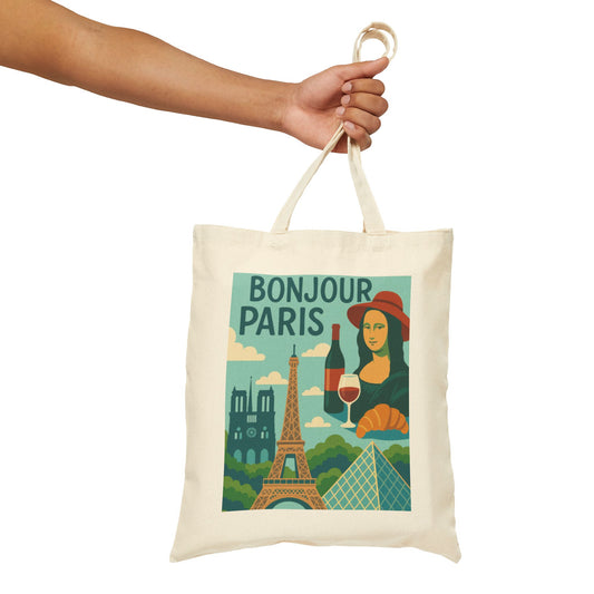 Bonjour Paris Tote Bag, Eco-Friendly Cotton Bag for Shopping, Travel, Gifts, Beach, and Everyday Use