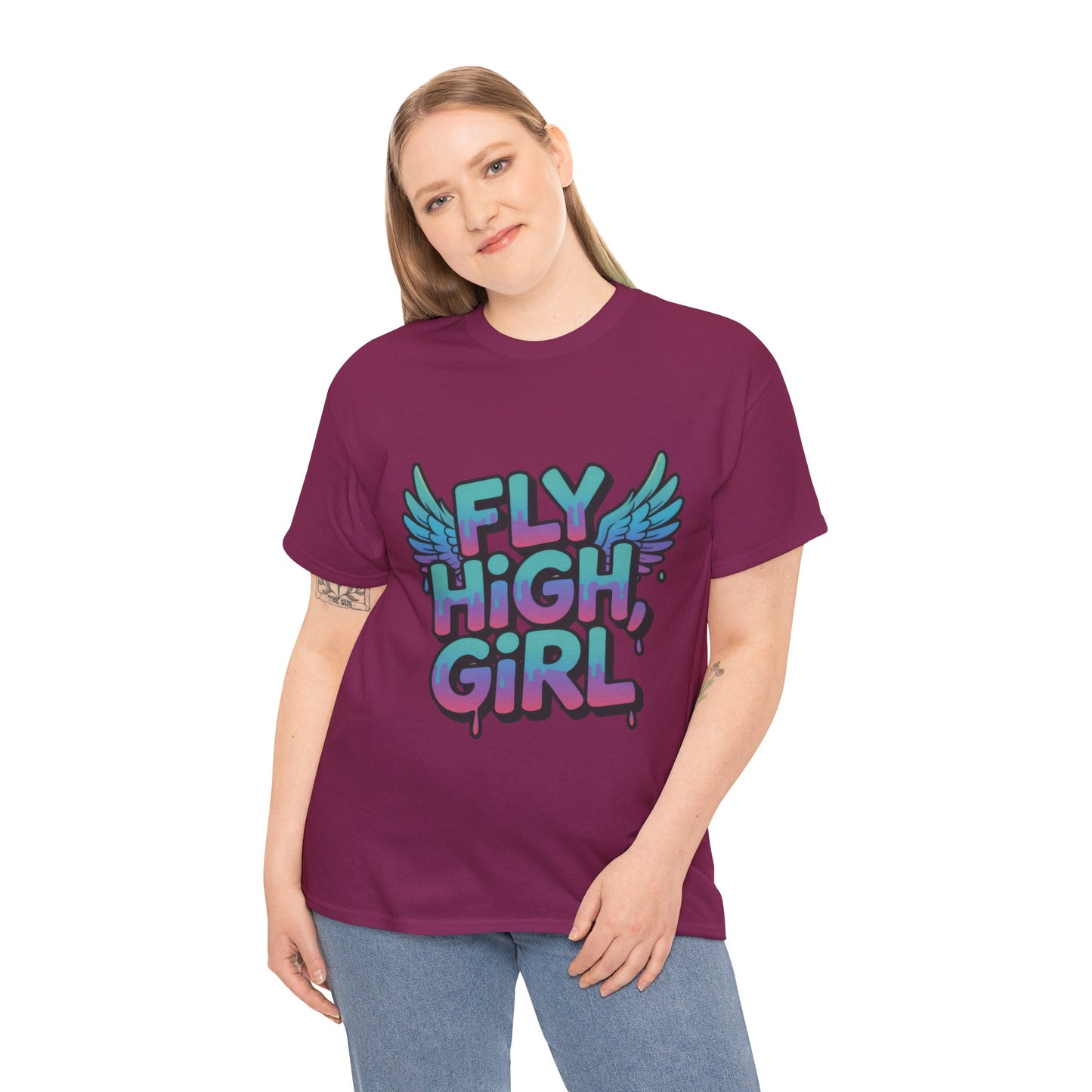 Womens Graphic Tee Fly High Girl, Angel Wings Graffiti Drip T-Shirt, Bold Streetwear Top