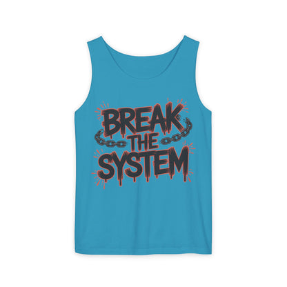 Men's Garment-Dyed Tank Top, Break the System Tank Top, Graphic Protest Muscle Tee, Streetwear Activist Summer Top