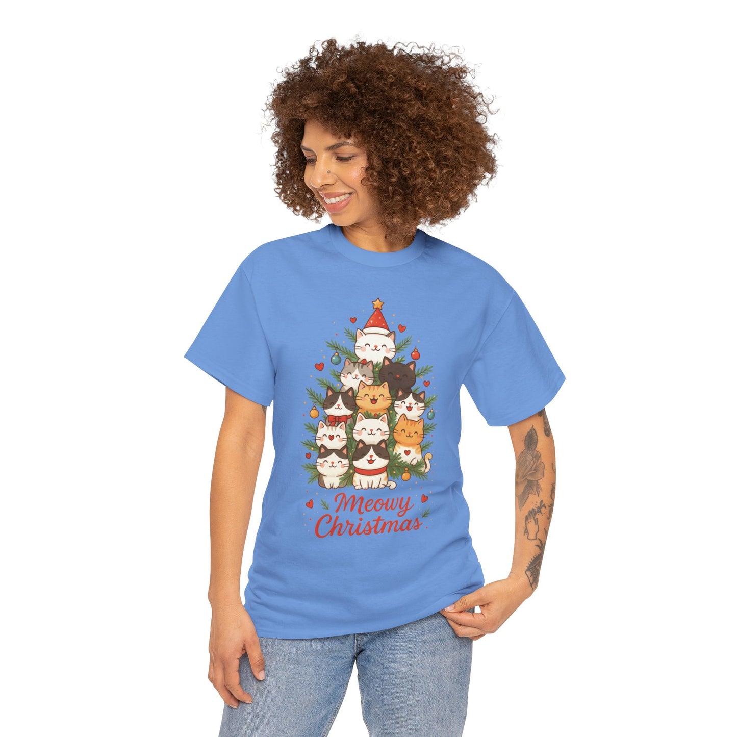 Women's Meowy Christmas Cat T-Shirt, Cute Holiday Kitty Tree Tee
