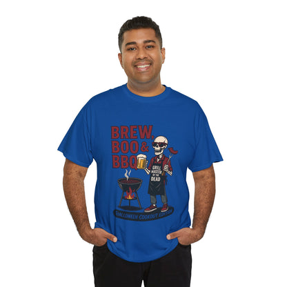 Halloween BBQ Men's T-Shirt, Brew Boo & BBQ Skeleton Grill Master Tee, Funny Dad Gift, Grill Master Tee, Grill Dad Halloween