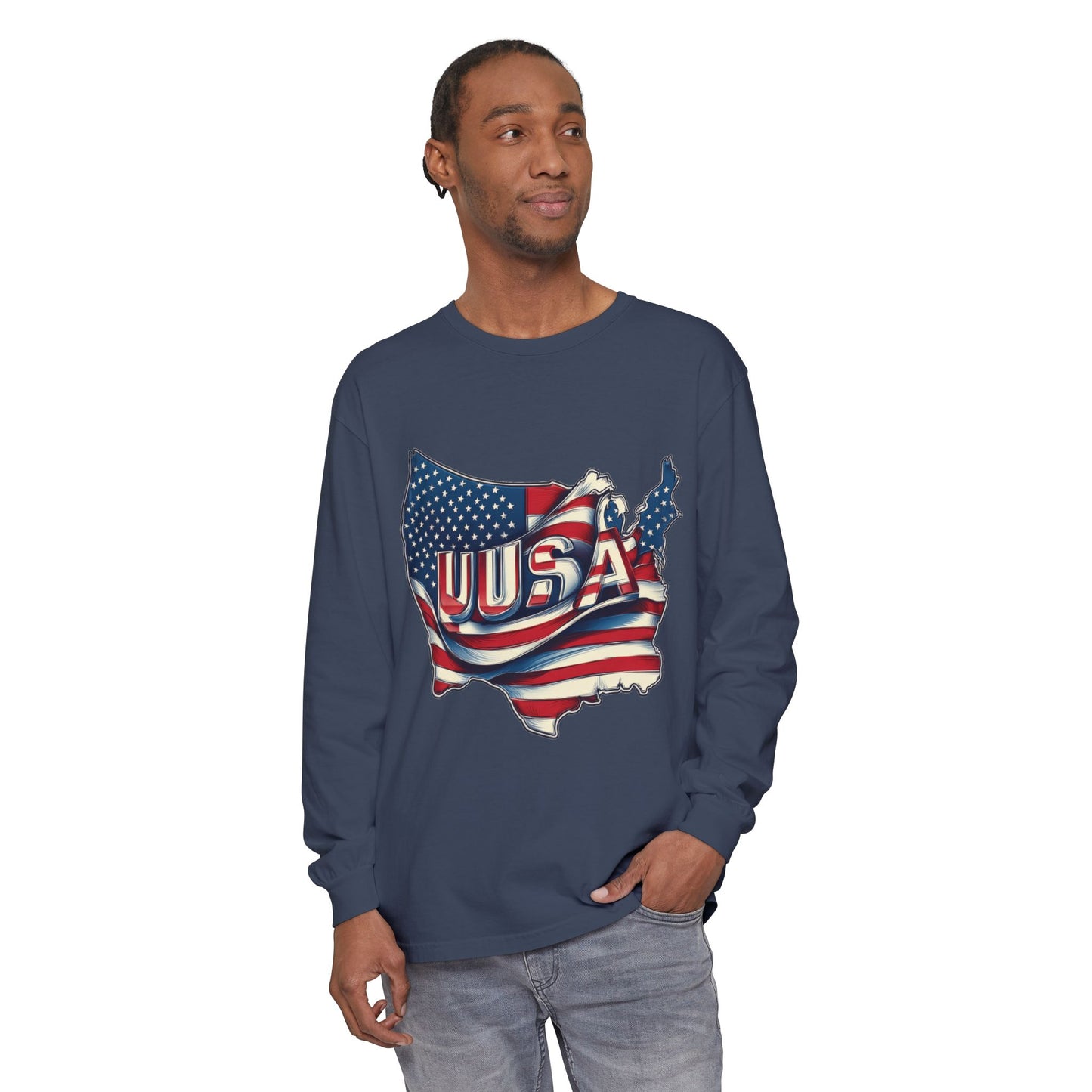 USA Flag Long Sleeve Tee, Unisex Garment-Dyed Shirt, Patriotic Top, All-American Apparel, Independence Day Style, Comfortable Casual Wear