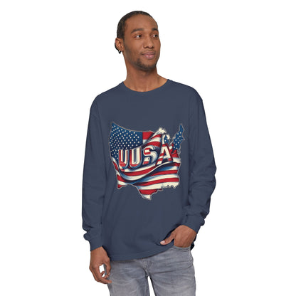 USA Flag Long Sleeve Tee, Unisex Garment-Dyed Shirt, Patriotic Top, All-American Apparel, Independence Day Style, Comfortable Casual Wear