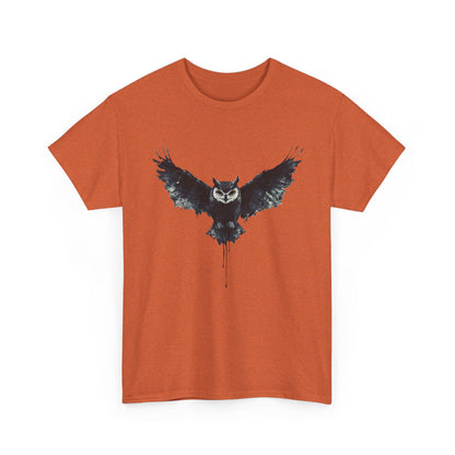 Cool Owl Graphic Unisex Heavy Cotton Tee, Flying Owl Ink Art T-Shirt, Nature Lover Gift, Animal Print Tee, Gothic Bird Graphic Tee
