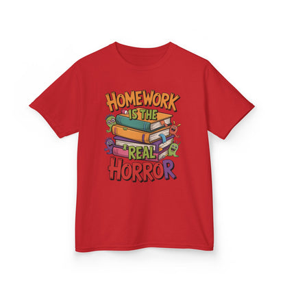 Kids Funny Homework Tee, Cute Monster School Shirt, Homework Is the Real Horror, Back to School Gift for Boys & Girls, Kids Halloween Tee
