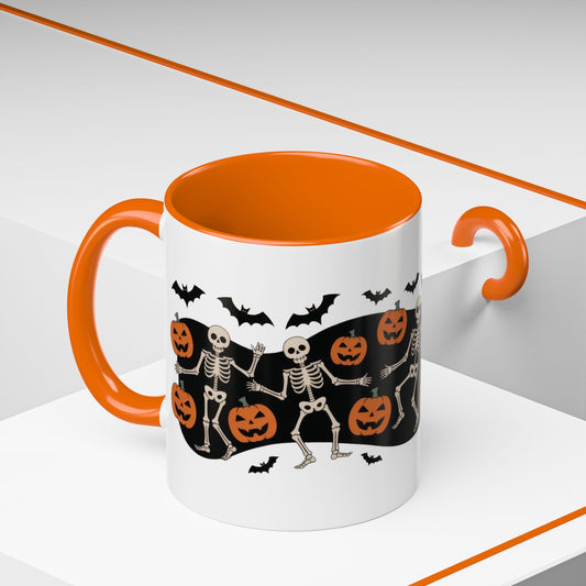 Dancing Skeletons Halloween Mug, Funny Spooky Pumpkin Coffee Cup, Cute Skeleton Dance Mug, Festive Fall Gift, Accent Coffee Mug (11, 15oz)