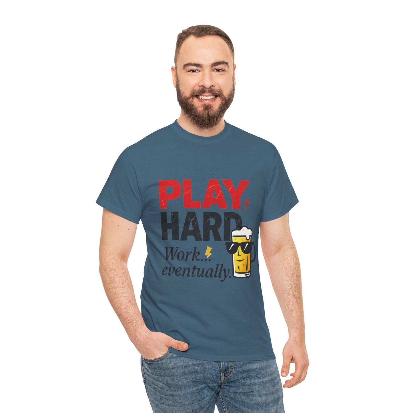 Play Hard Mens Heavy Cotton Tee, Perfect for Beer Lovers, Casual Hangouts, Parties, Gifts, and Relaxed Days
