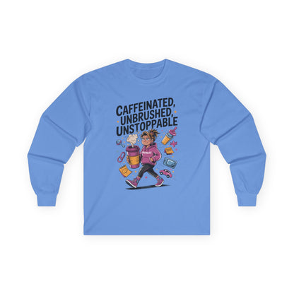 Caffeinated Mom Long Sleeve, Mother's Day Gift,New Mother Tired Mother Gift, Coffee Lover Gift, Coffee Addict Mom Long Sleeve Tee